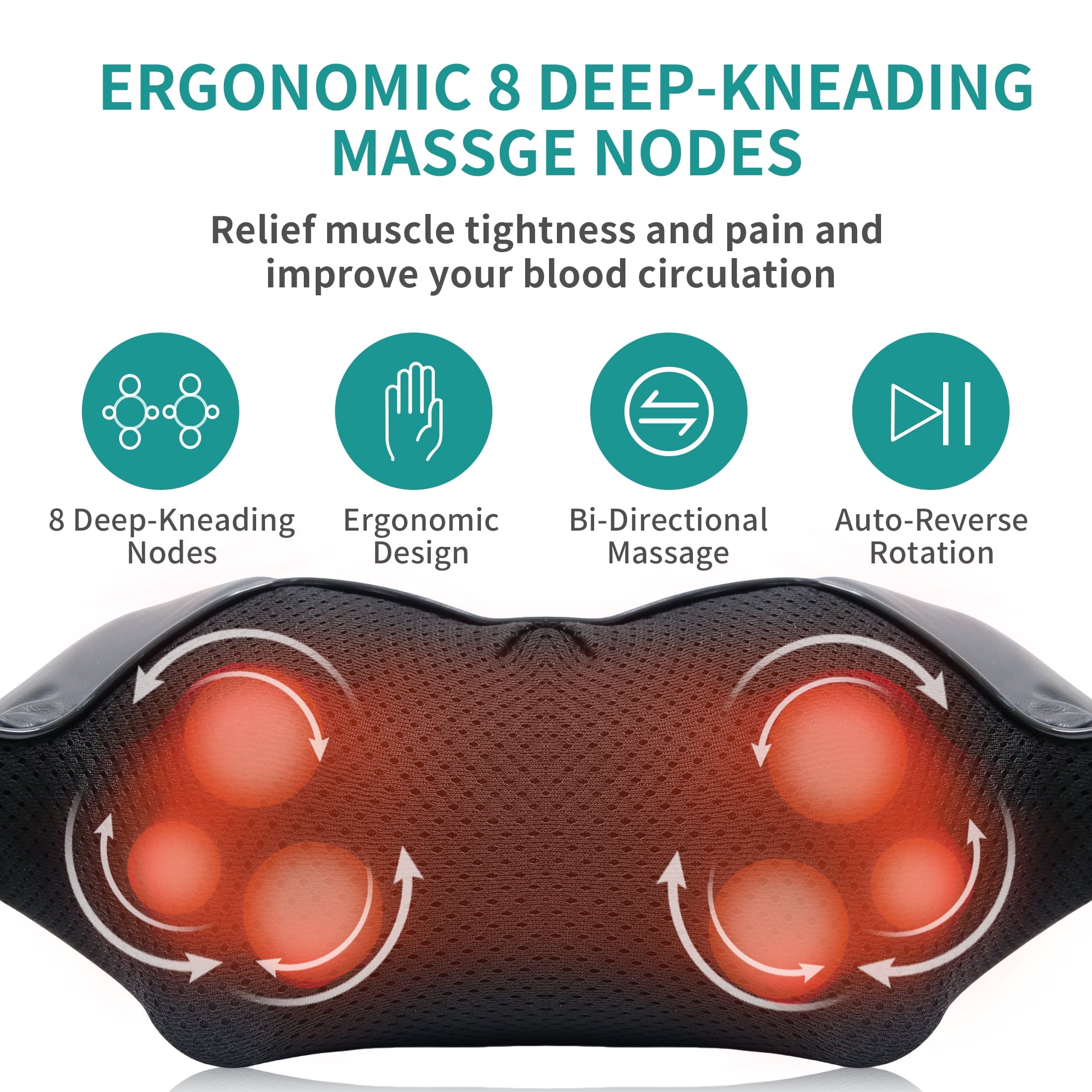 Massager with Heat, Electric Deep Tissue 3D Kneading Massage Pillow - Black - Image 2
