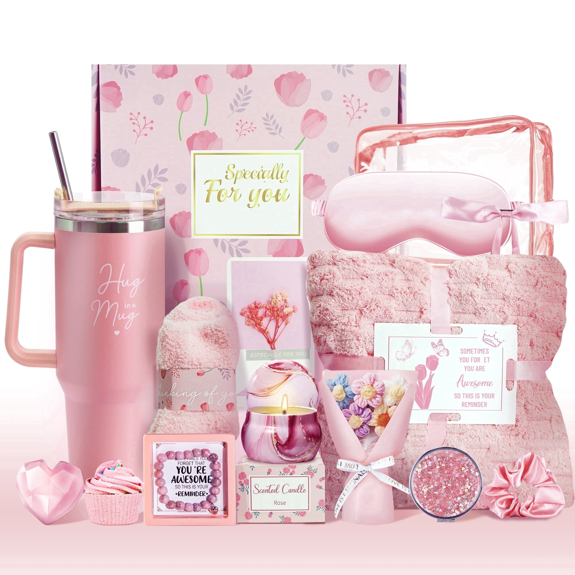 15Pcs for Women, Relaxing Spa Basket with Luxury Flannel Blanket and 40 oz Tumbler - Care Package for Her, Mom, Wife,...