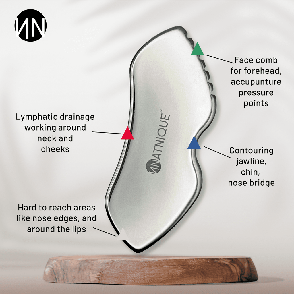 Stainless Steel Gua Sha Massager, Cooling, Board Shape, for Face, Neck & Body, Rolling w/ Travel Pouch - Image 2