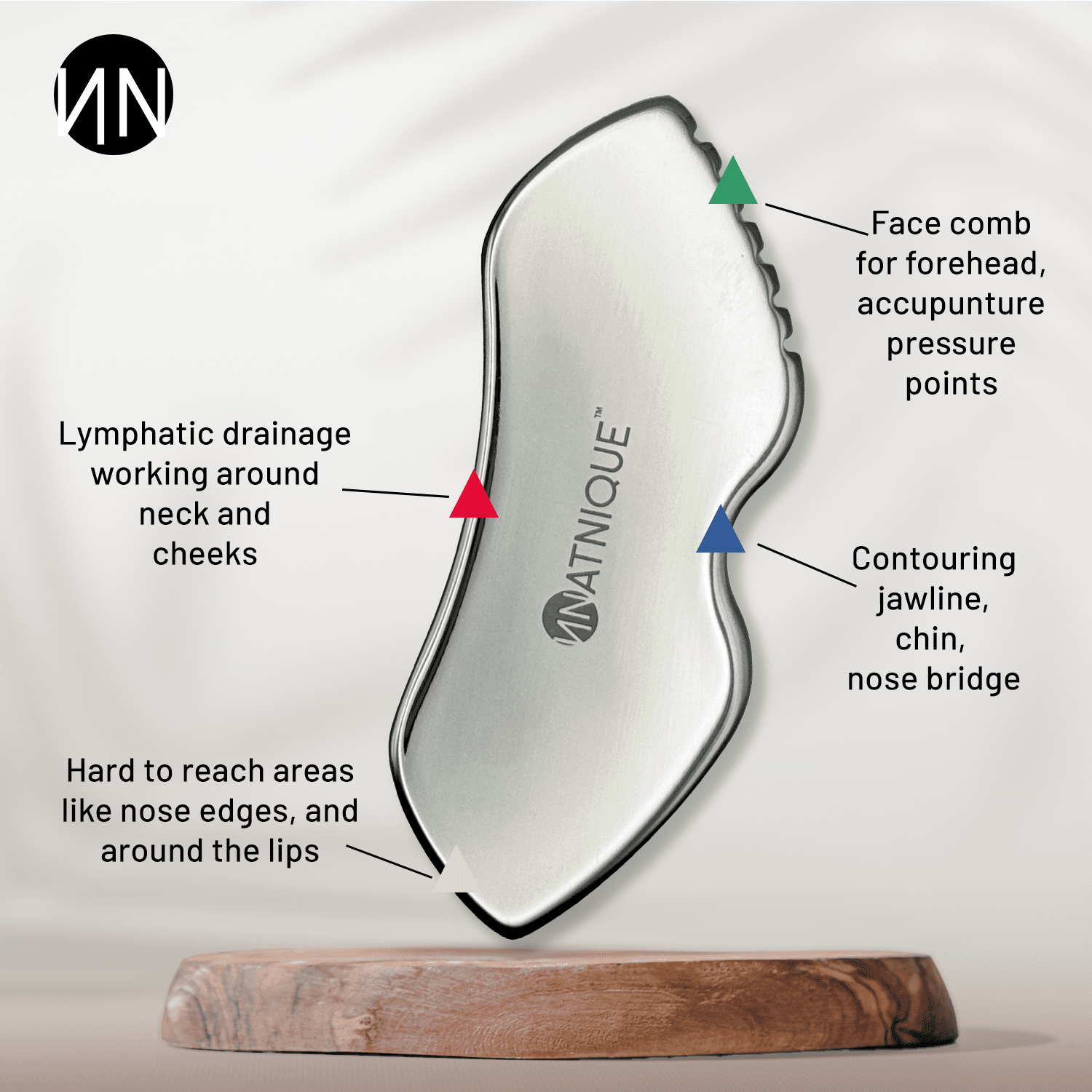 Stainless Steel Gua Sha Massager, Cooling, Board Shape, for Face, Neck & Body, Rolling w/ Travel Pouch - Image 2
