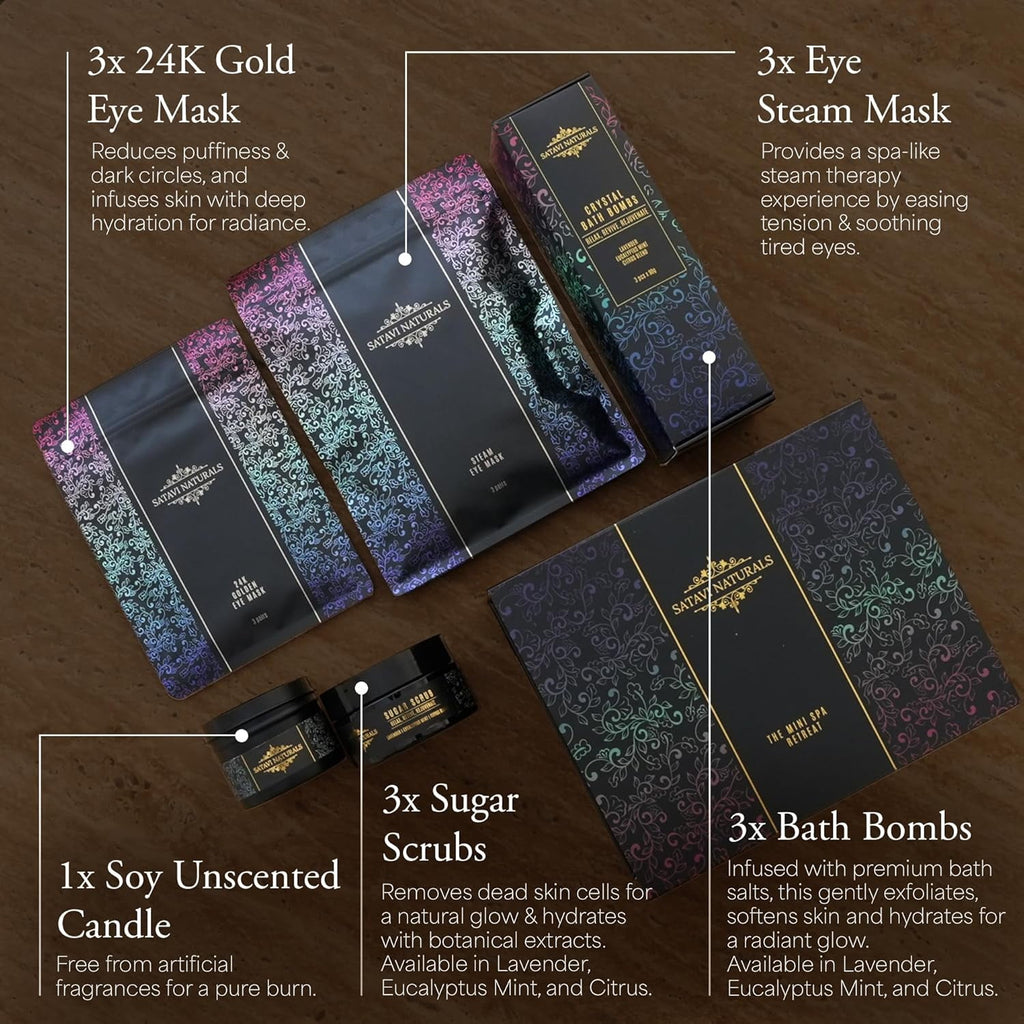 The Mini Spa Retreat - Home Spa Kit Including Gold Eye Mask, Bath Bombs & Sugar Scrubs, Candle & Self-Heating Steam E... - Image 6