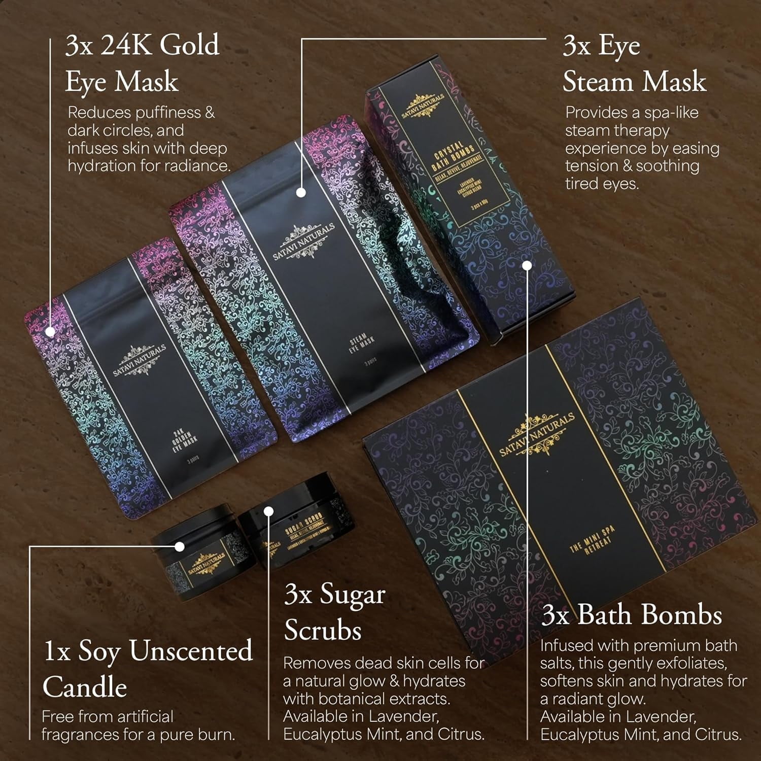 The Mini Spa Retreat - Home Spa Kit Including Gold Eye Mask, Bath Bombs & Sugar Scrubs, Candle & Self-Heating Steam E... - Image 6