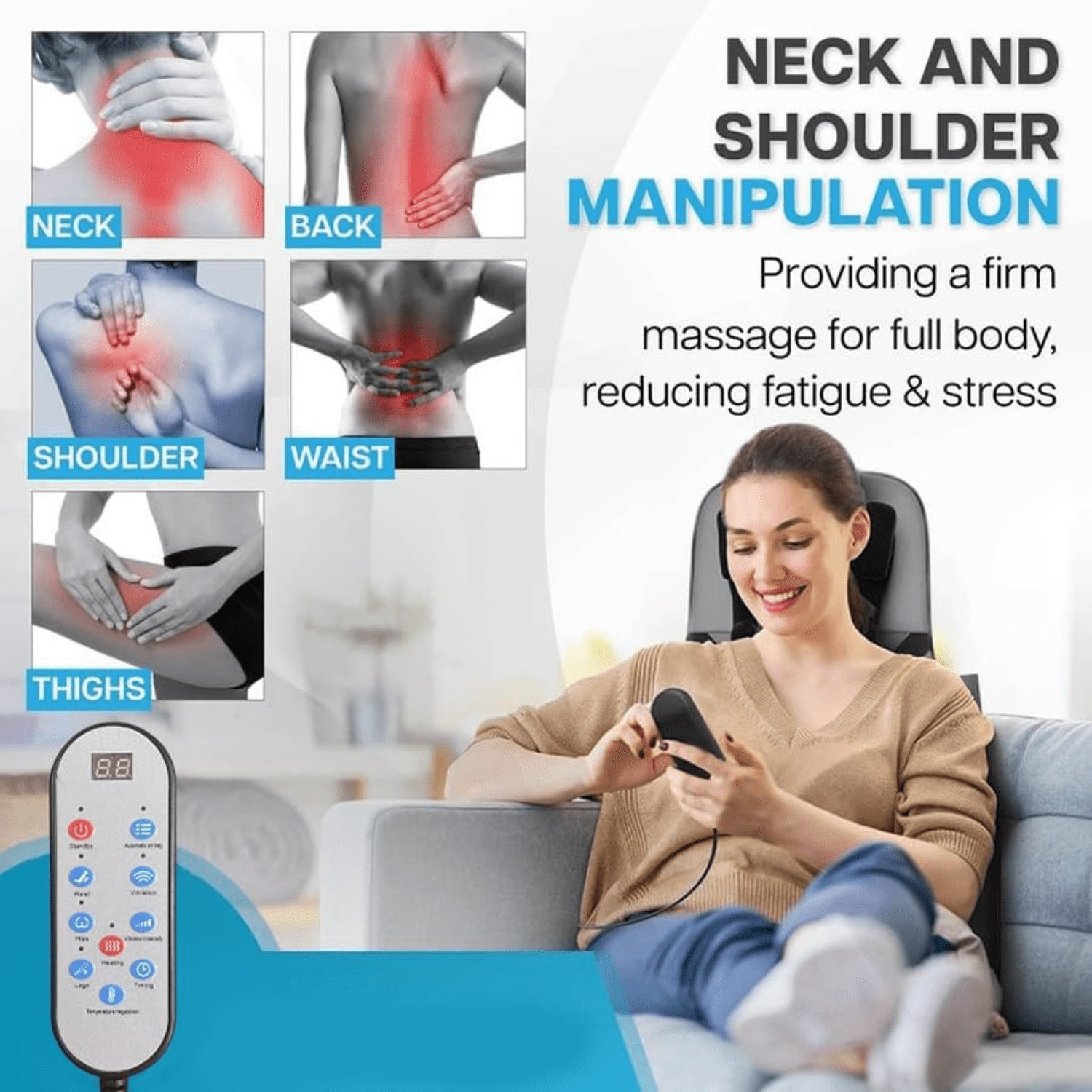 Pad Seat Massager w Adjustable Neck & Back/ Heat for Home Office, Gray - Image 2