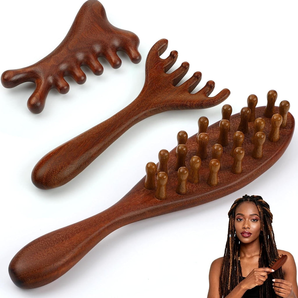 3 Pack Wooden Scalp Massager Tool Loc Combs,Long Handle Head Massage Scalp Loc Brush for Dreads,Multifunctional Hair ...