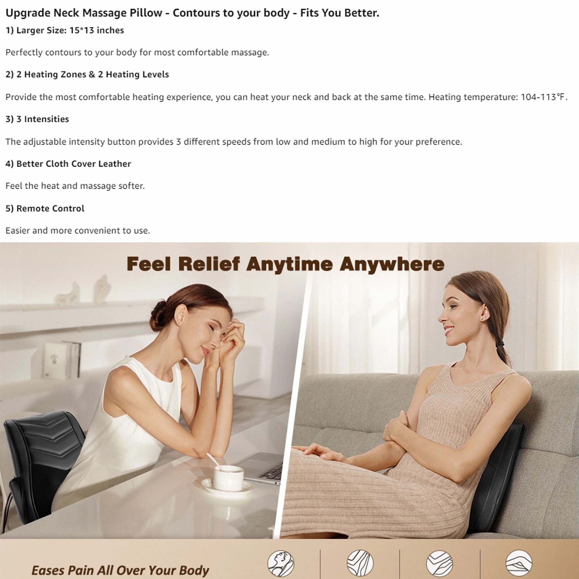 & Massager with Heat — 3D Deep-Kneading Shiatsu Pillow, Black — Home Use & Gift for Mom & Dad - Image 4