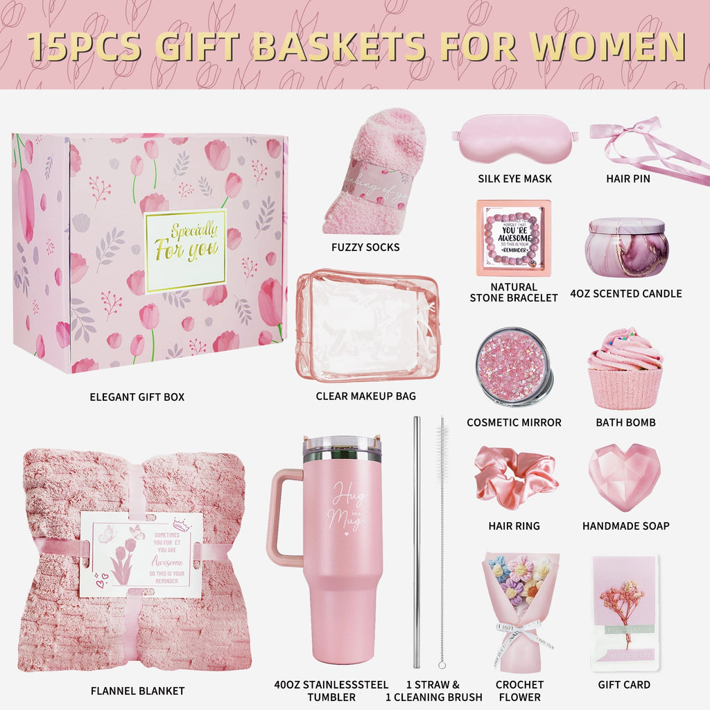 15Pcs for Women, Relaxing Spa Basket with Luxury Flannel Blanket and 40 oz Tumbler - Care Package for Her, Mom, Wife,... - Image 2