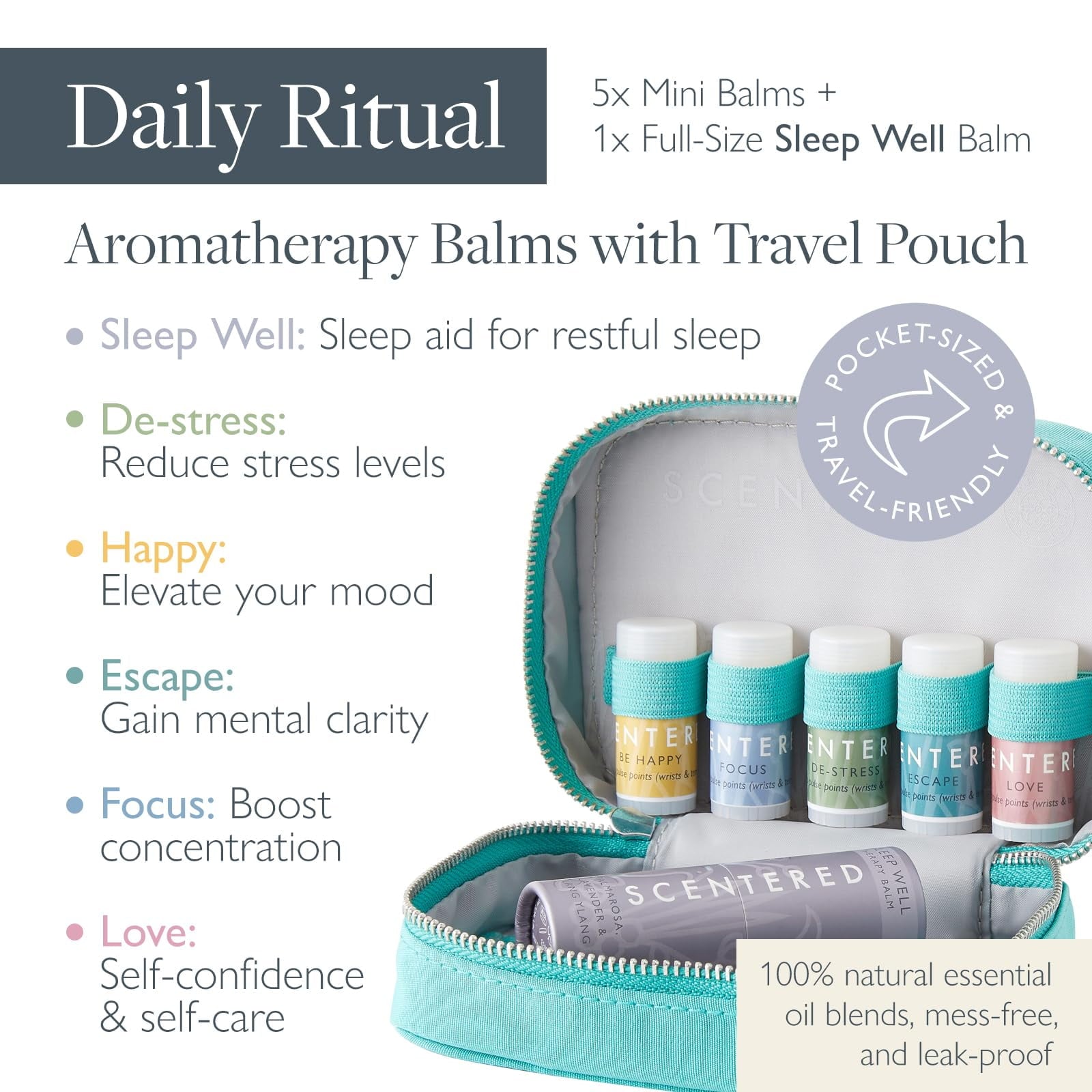 Oils Balm Gift Set- Sleep Well (5g) + 5 x Mini Balms: De-Stress, Focus, Happy, Escape & Love - Relaxing Gifts for Women - Image 4