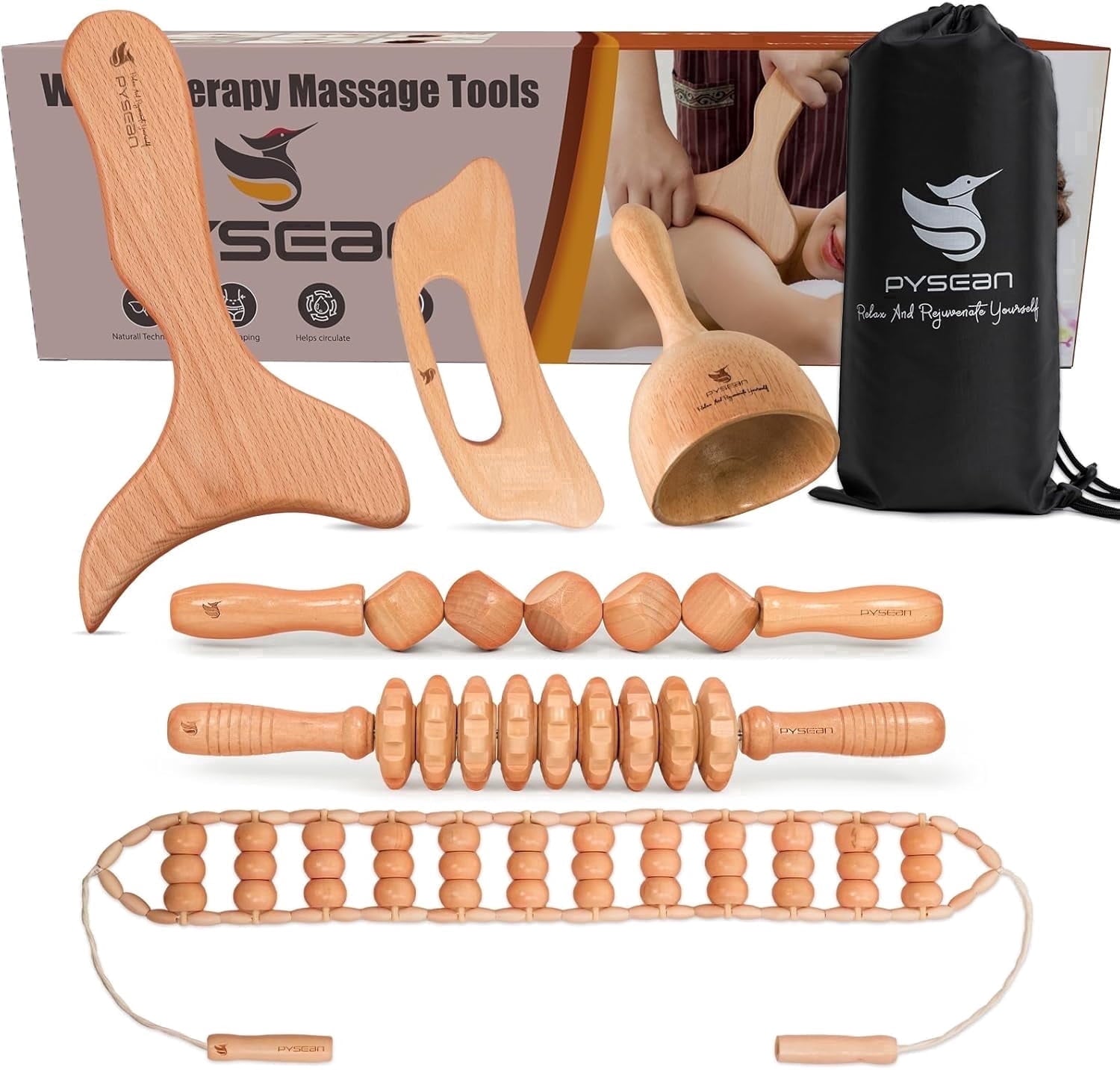 6 in 1 Wood Therapy Massage Tool Set for Body Sculpting Massage, Lymphatic Drainage and Muscle Pain Relief, Cellulite...