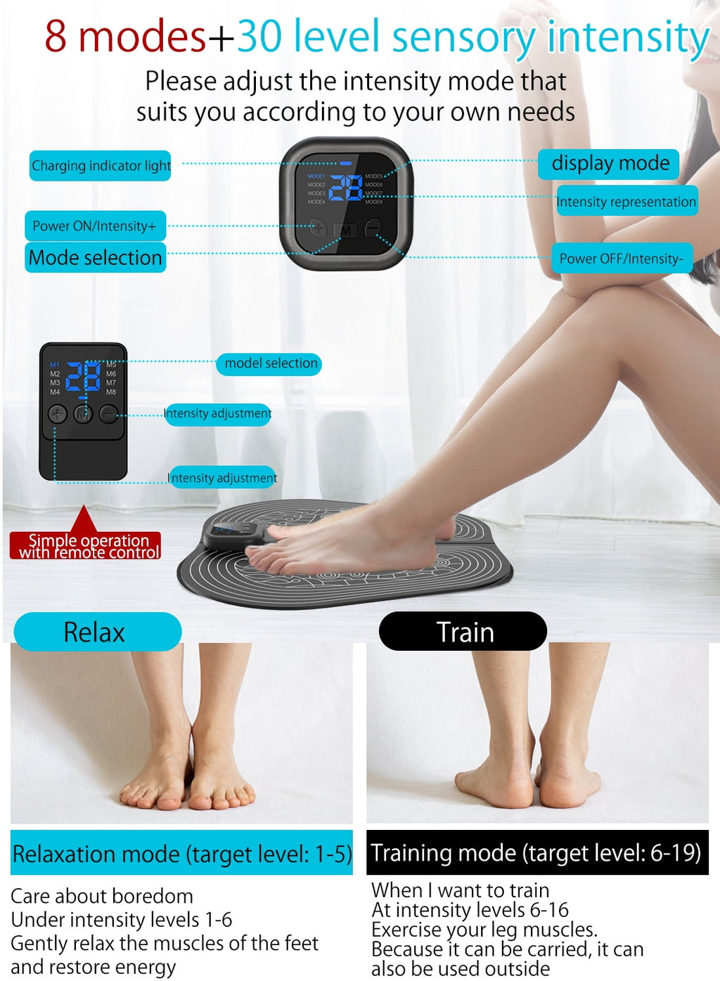 Electric Foot Massager Mat Pad Remote Control USB LED Portable Rechargeable for Men Women 8 Modes 30 Intensity Levels - Image 2