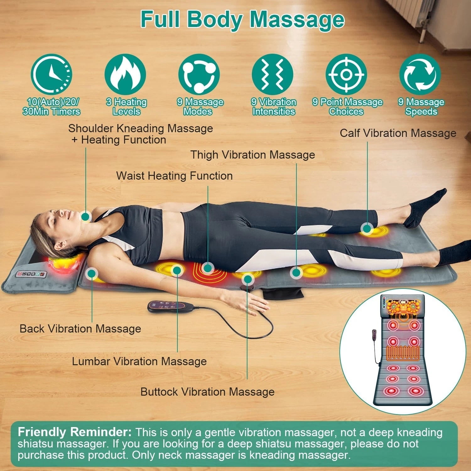 Electric Full Body Massage Mat with Heating, 10 Massage Points & Neck Massager, 9 Modes Adjustable Intensity, Portabl... - Image 4