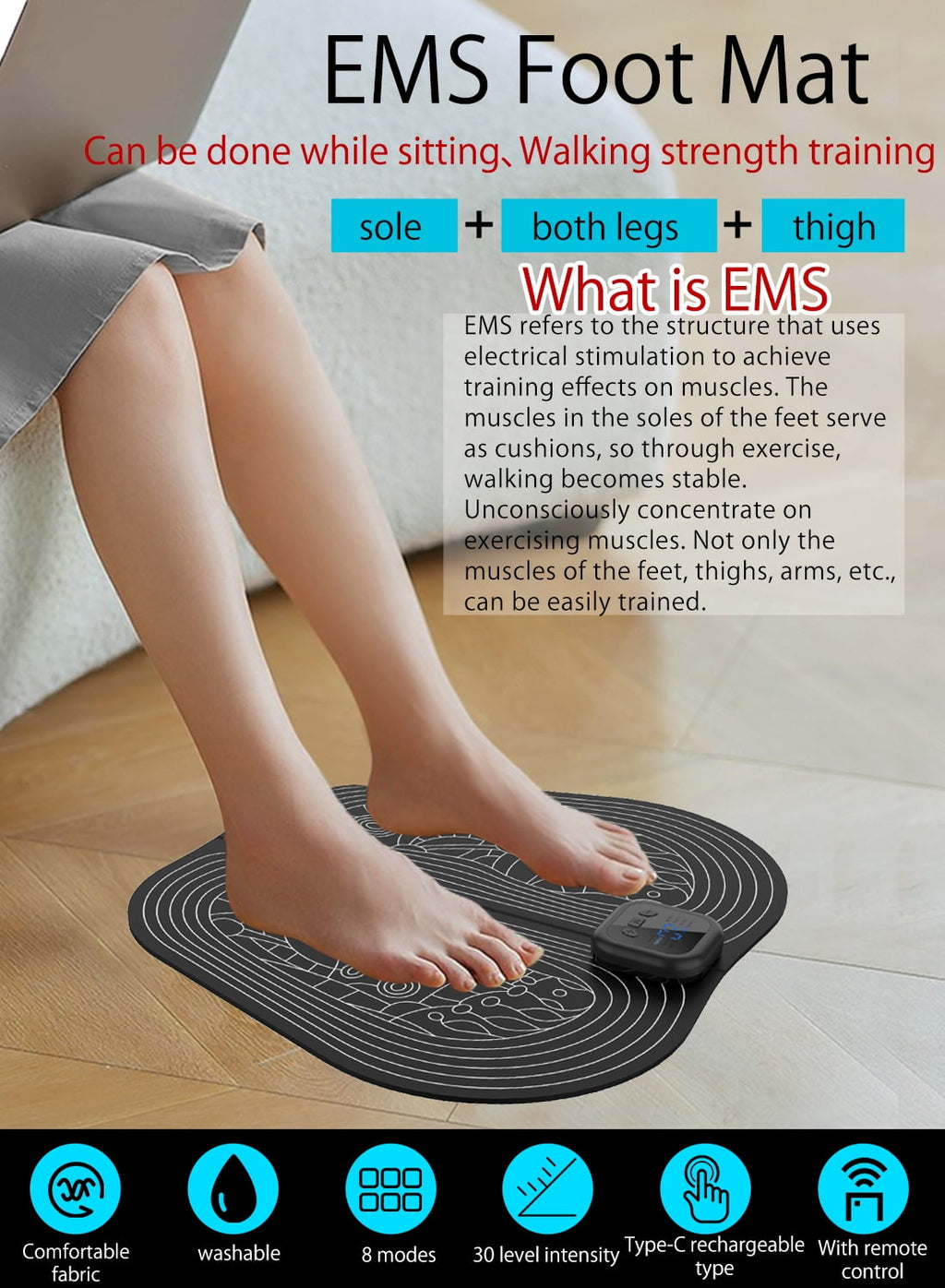 Electric Foot Massager Mat Pad Remote Control USB LED Portable Rechargeable for Men Women 8 Modes 30 Intensity Levels - Image 3