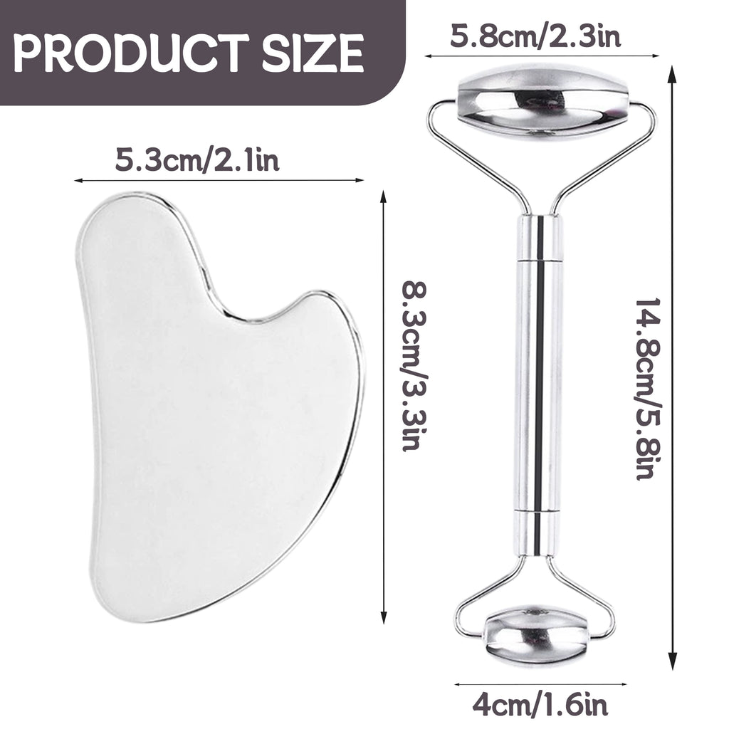 Stainless Steel Gua Sha and Face Roller Set, 2 Pcs Facial Massage Tools for Face, Neck and Eye Care - Image 2