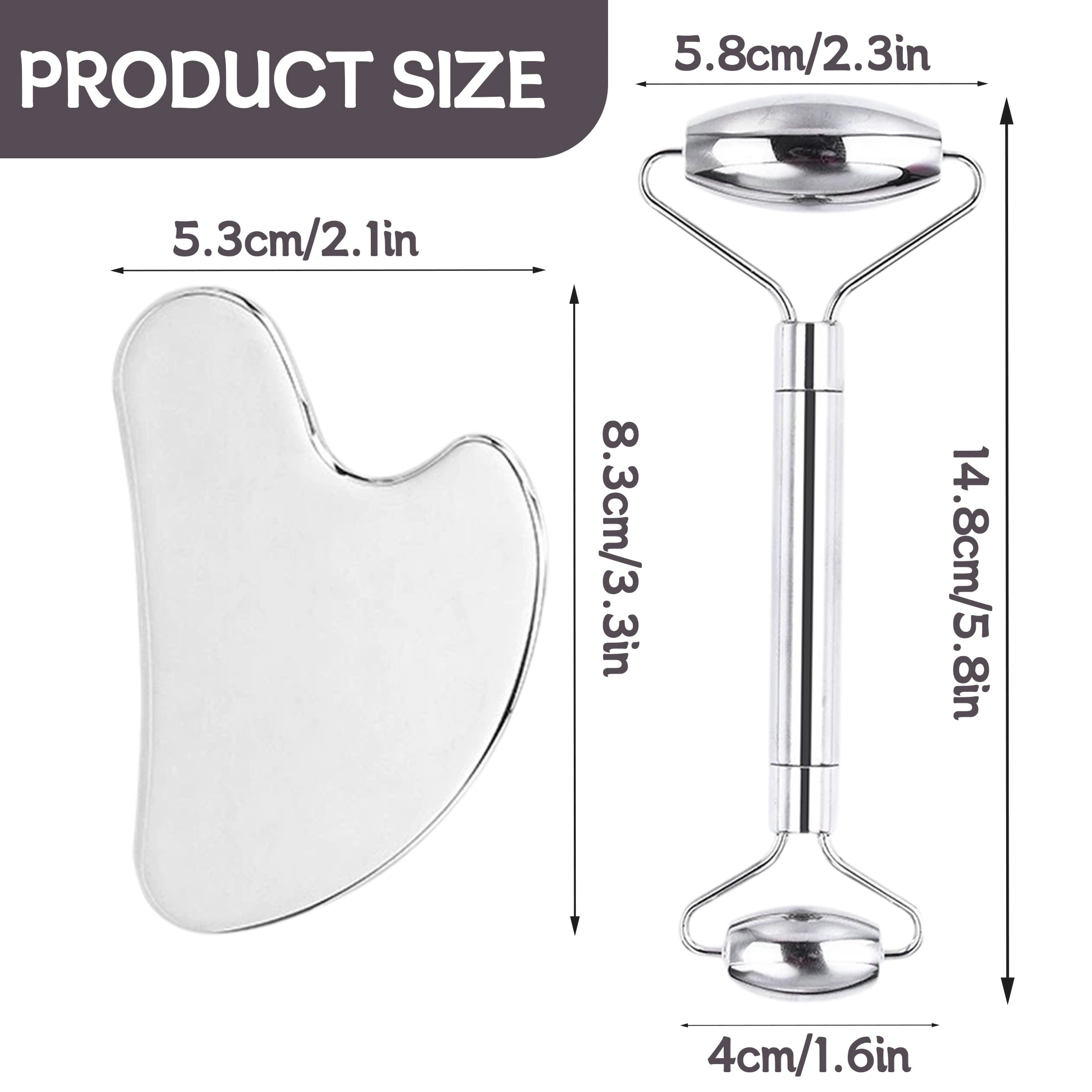 Stainless Steel Gua Sha and Face Roller Set, 2 Pcs Facial Massage Tools for Face, Neck and Eye Care - Image 2