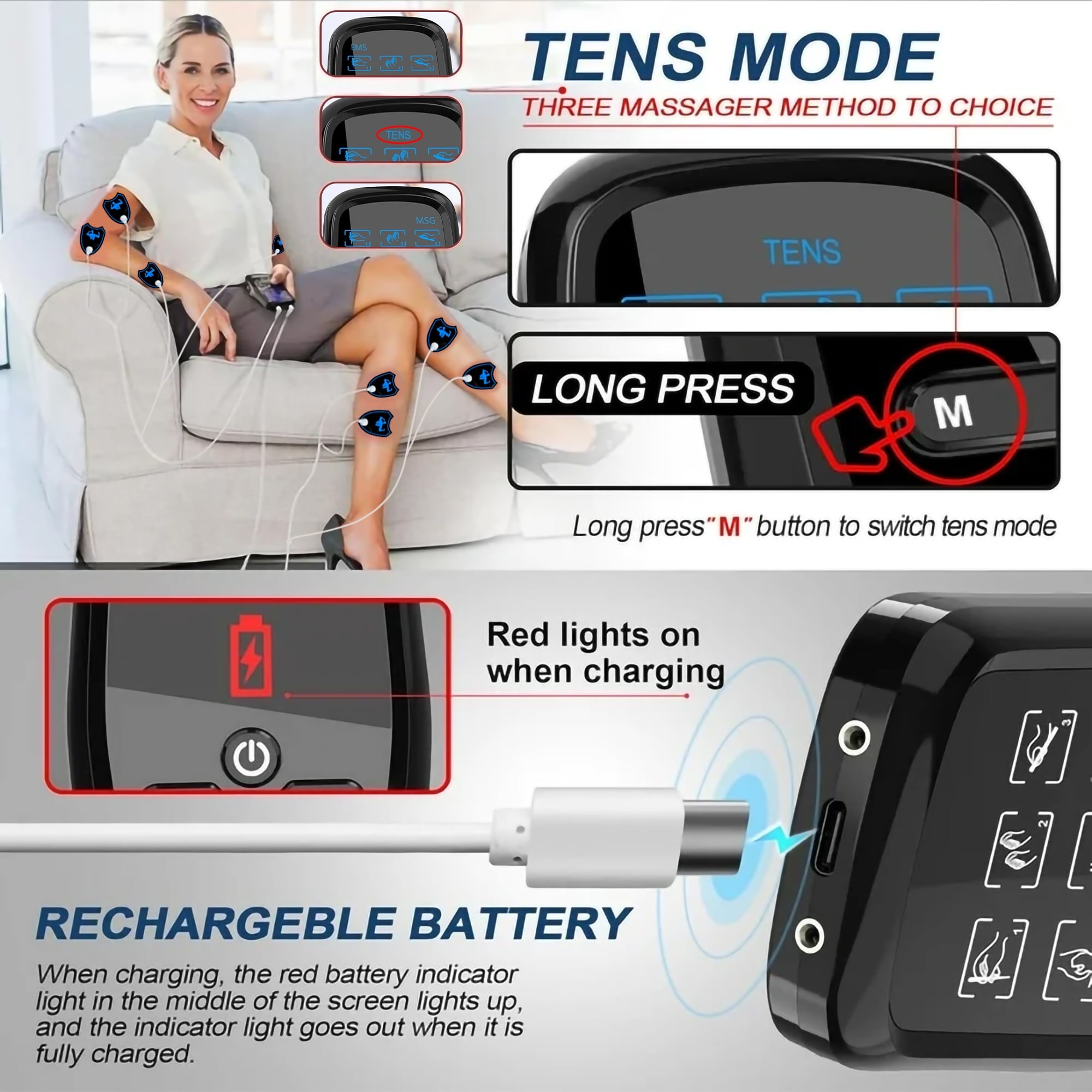 Rechargeable Muscle Stimulator Dual Channel with 8 Reusable Electrode Pads 27 Modes for Back Neck Muscle Relief Manag... - Image 5