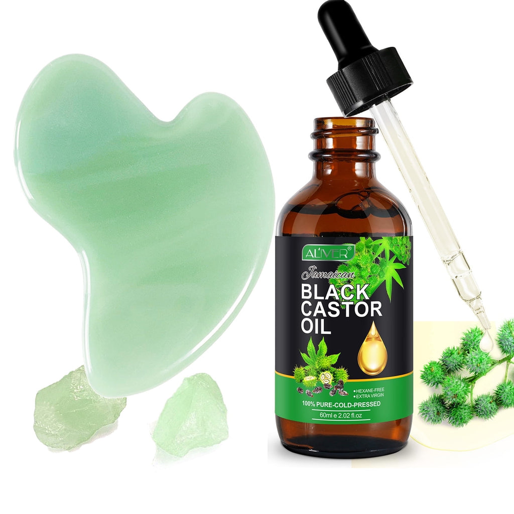 Tool + Black Castor Massage Oil, Natural Jade Tool for Face & Eye, for Puffiness Reducing & Jawline Sculpting, Relaxa...