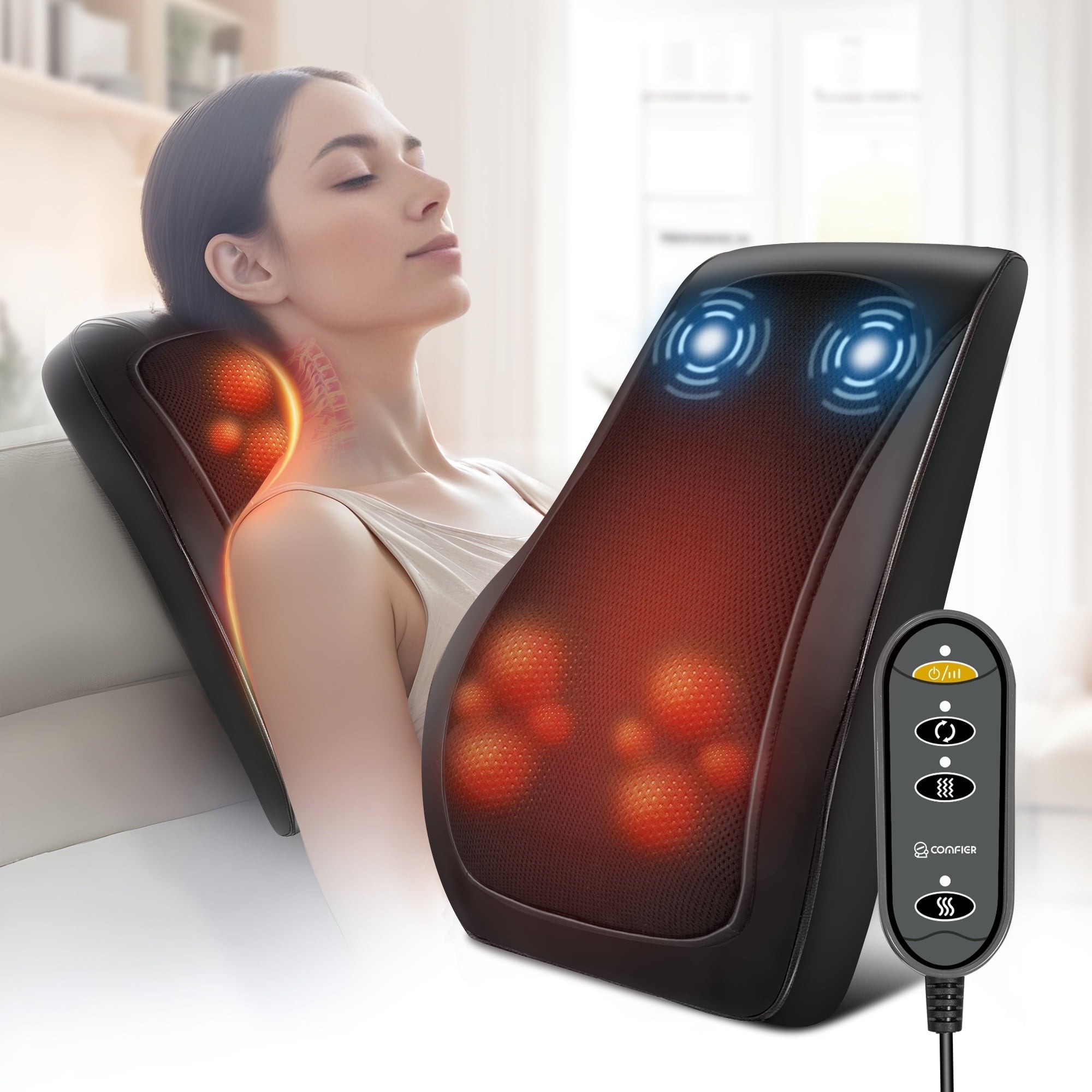 Shoulder & Back Massager with Heat, 8 Kneading Nodes, Portable Massage Pillow