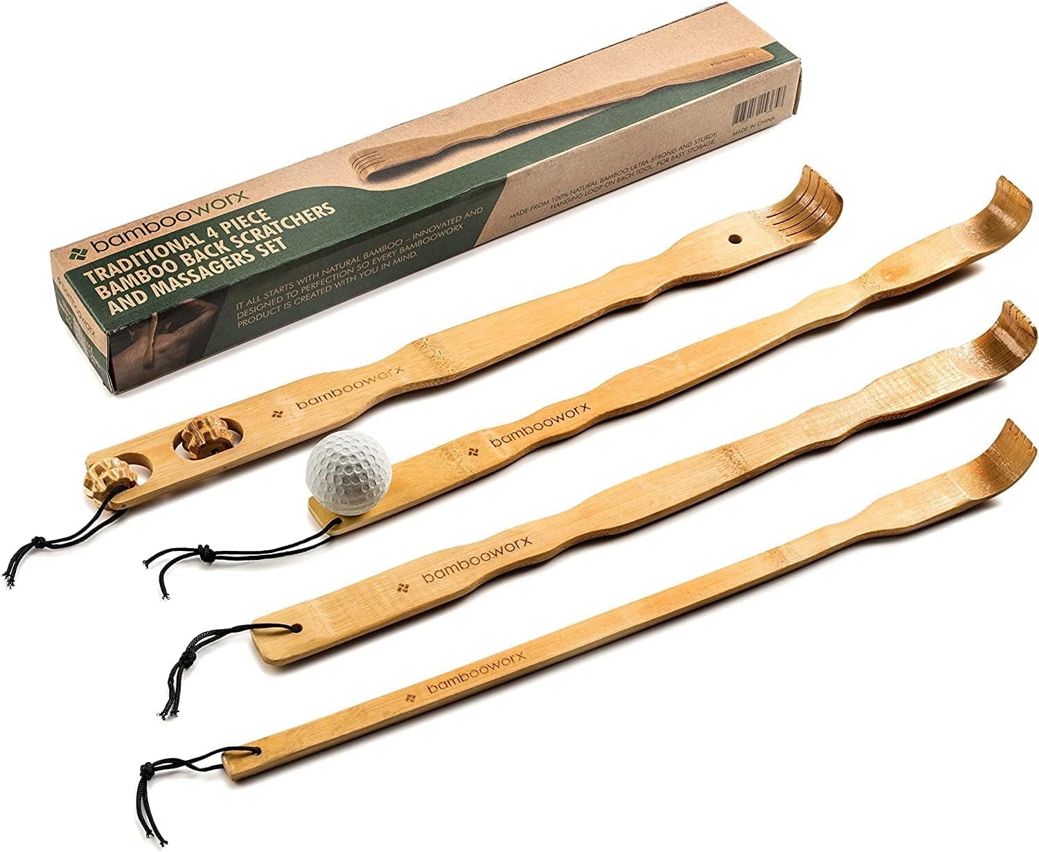 4 Piece Traditional Back Scratcher and Body Relaxation Massager Set for Itching Relief, 17.5", Strong and Sturdy, 100...