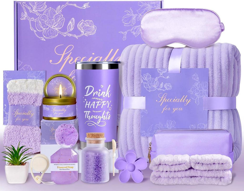 for Women, Self Care Get Well Soon , Lavender Relaxing Spa Basket Care Package w/Flannel Blanket & 20 oz Tumbler, Mot...
