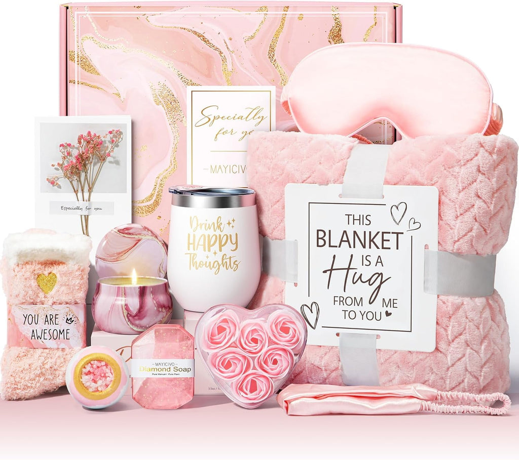 for Women Self Care Get Well Soon , Rose Relaxing Spa Basket Care Package w/ Luxury Flannel Blanket, Unique Christmas...