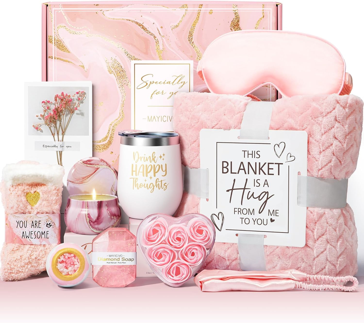 for Women Self Care Get Well Soon , Rose Relaxing Spa Basket Care Package w/ Luxury Flannel Blanket, Unique Christmas...