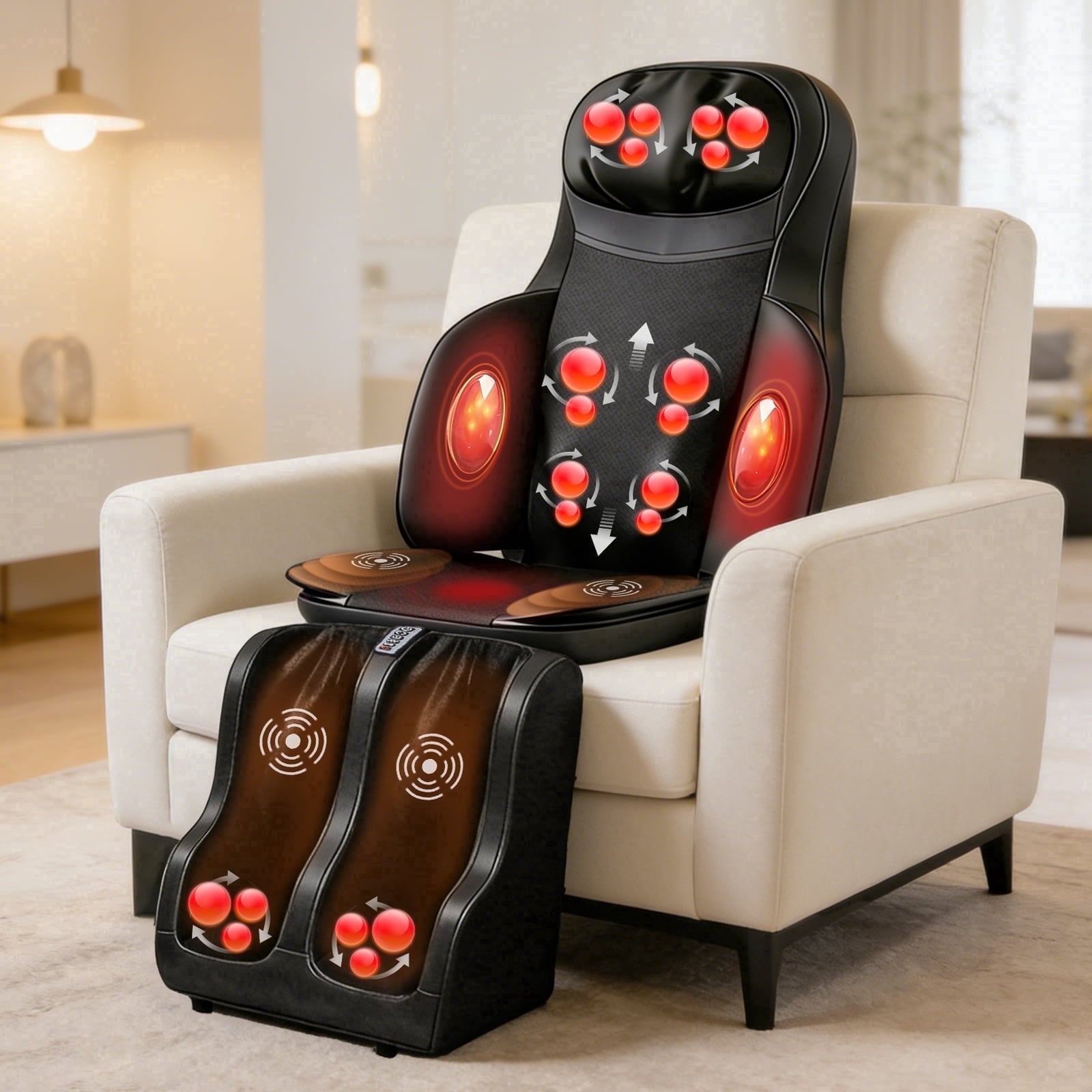 Massage Chair Pad with Heat, Shiatsu Neck & Back Massager with Foot Massager, Kneading & Rolling Massage for Pain Rel...
