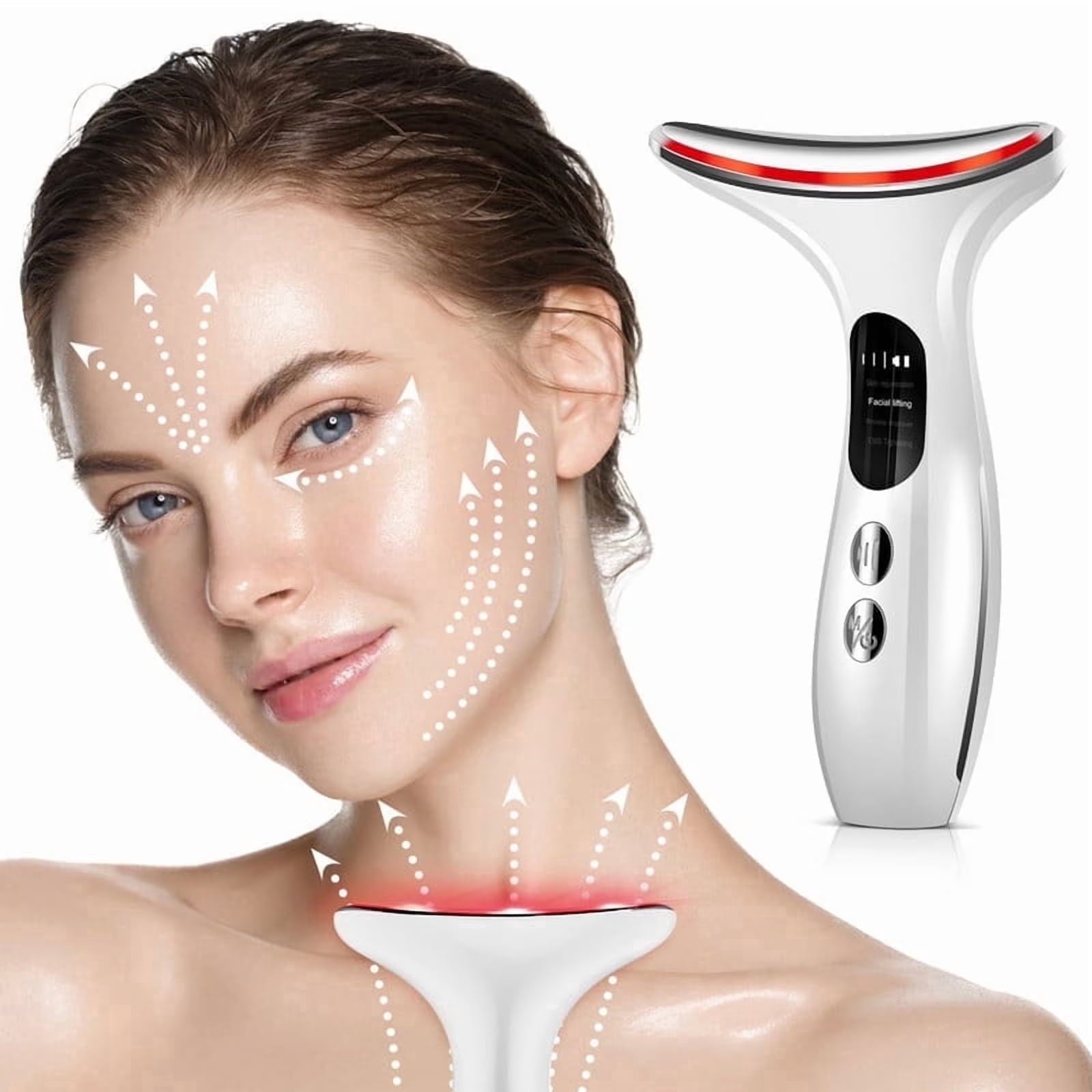 and Neck Massager with Red Light Therapy, 3 Modes Facial Massager for Skin Firming and Wrinkle Reduction, Rechargeabl...