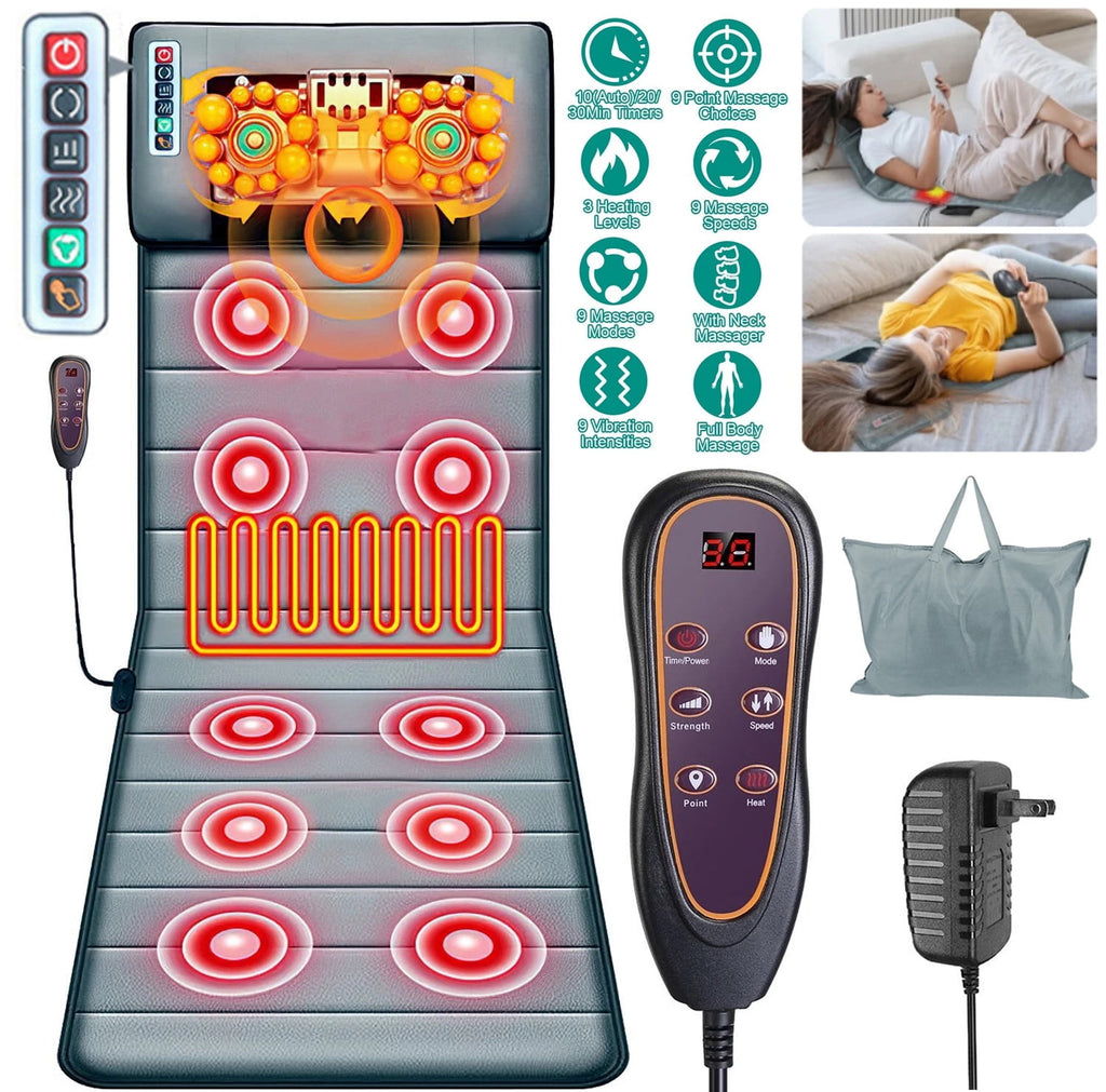 Electric Full Body Massage Mat with Heating, 10 Massage Points & Neck Massager, 9 Modes Adjustable Intensity, Portabl...