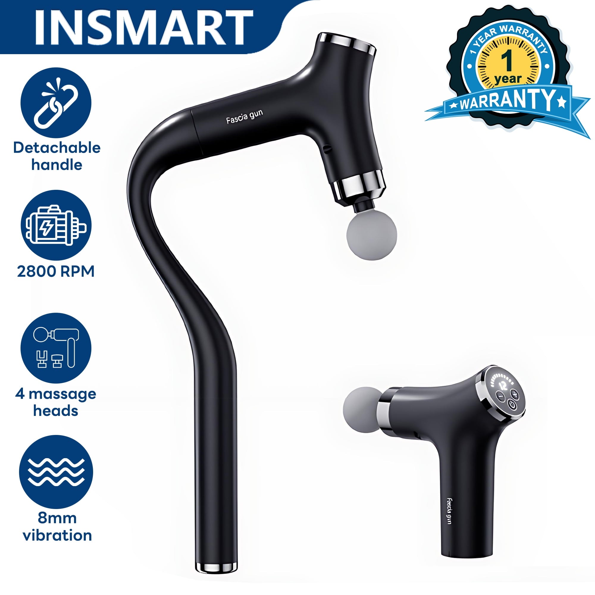 7-Shaped r with 15.75in Detachable Handle, 2800 8mm Deep Tissue Muscle r, 12 Speeds for Back Neck Shoulder