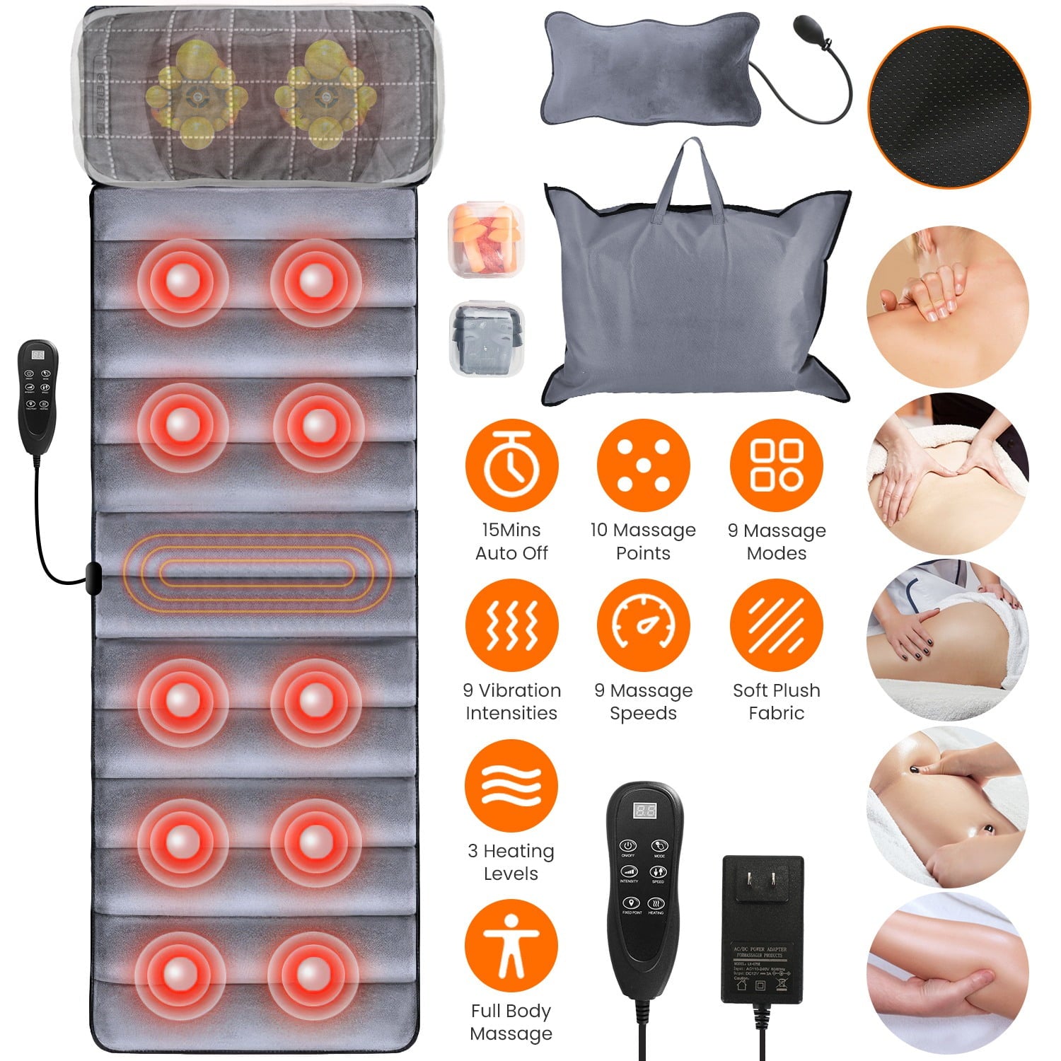 Electric Full Body Massage Mat with Heat, 10 Vibration Motors, 9 Modes & Intensity Levels, Detachable Neck Massage Pi...