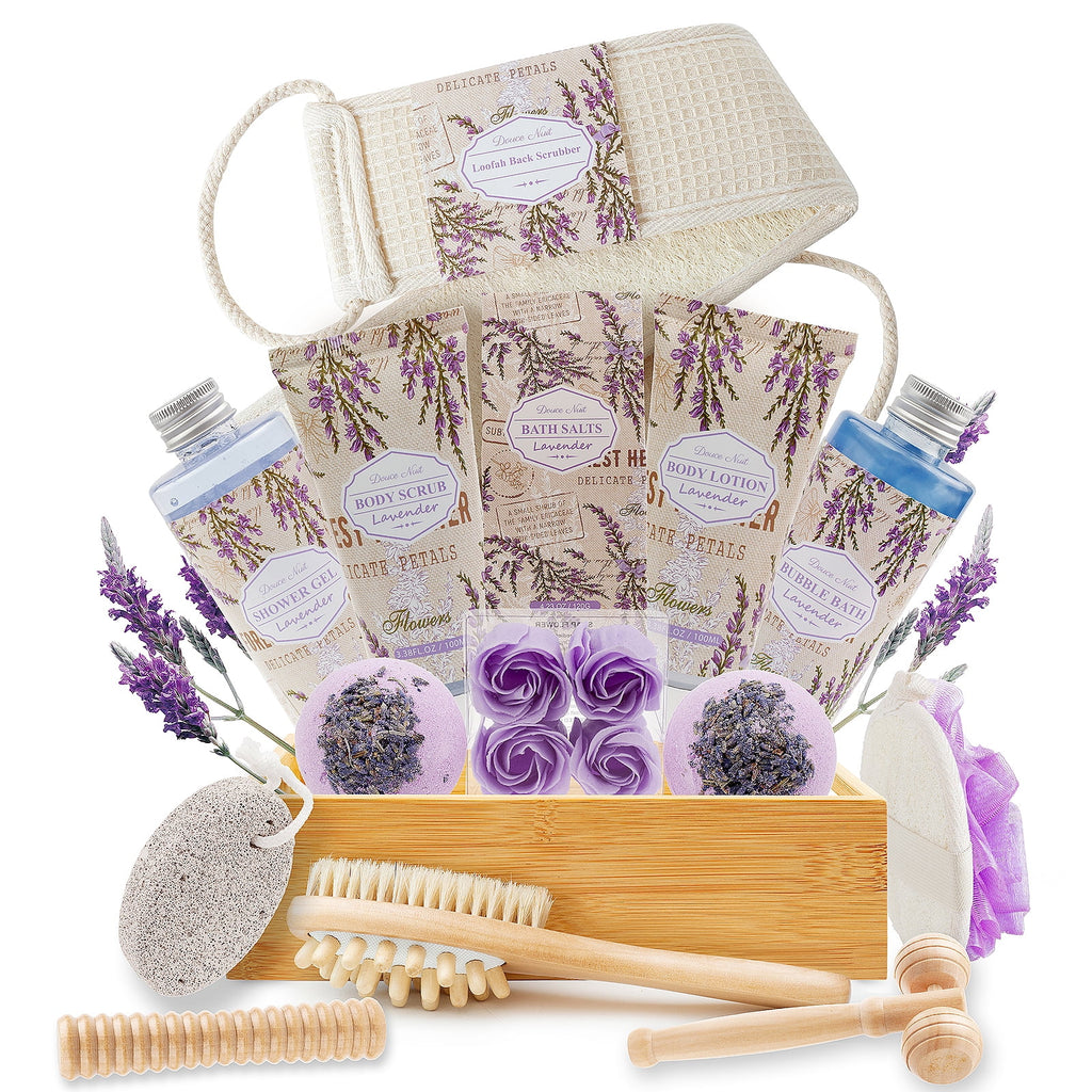 Gifts Baskets in Lavender Essential - Christmas Birth Gifts for Women -18pc Bath Body At Home Spa Relaxing Self Care ...