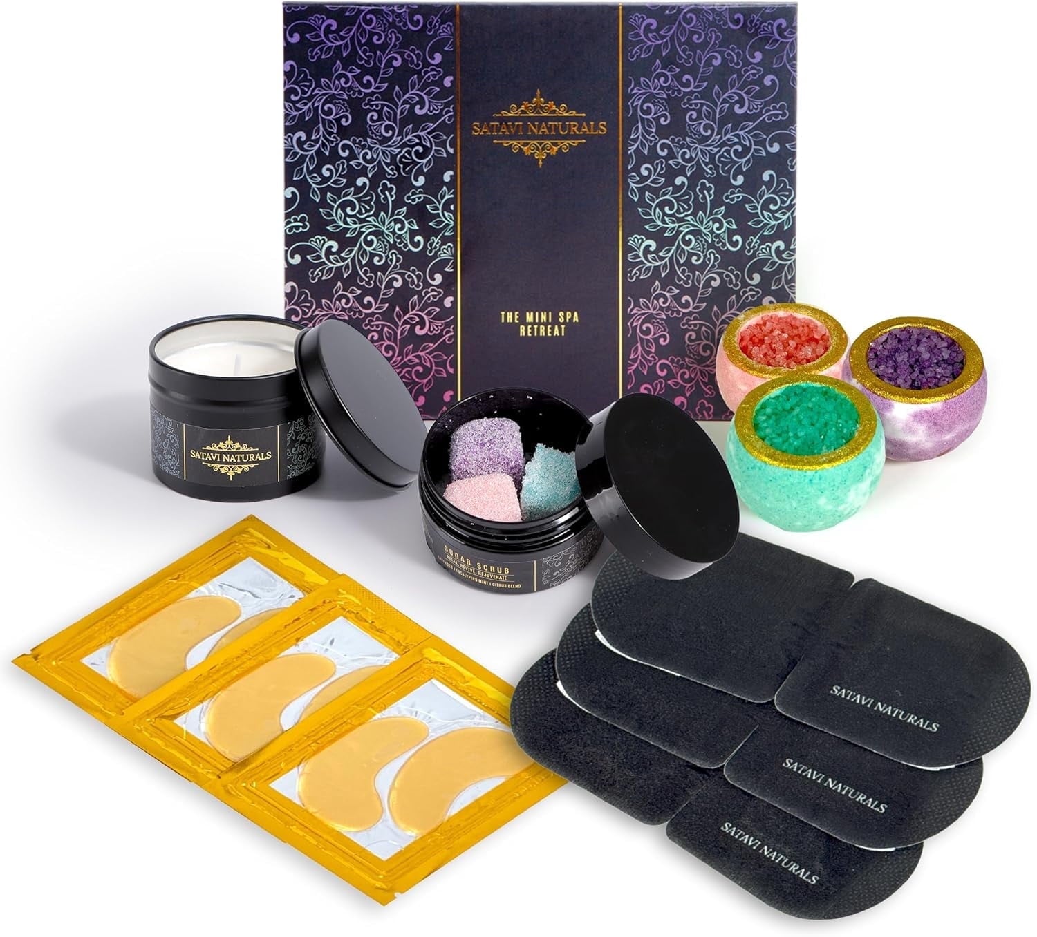 The Mini Spa Retreat - Home Spa Kit Including Gold Eye Mask, Bath Bombs & Sugar Scrubs, Candle & Self-Heating Steam E...