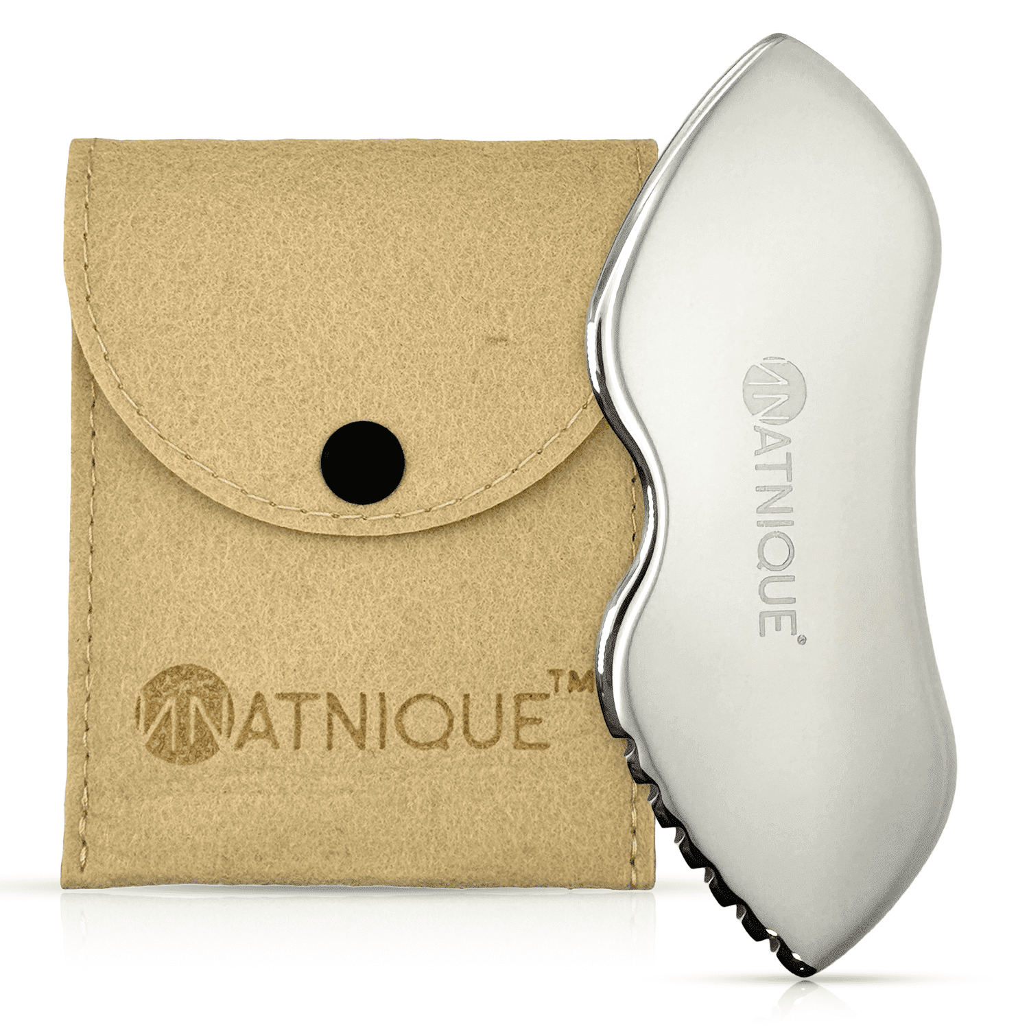 Stainless Steel Gua Sha Massager, Cooling, Board Shape, for Face, Neck & Body, Rolling w/ Travel Pouch