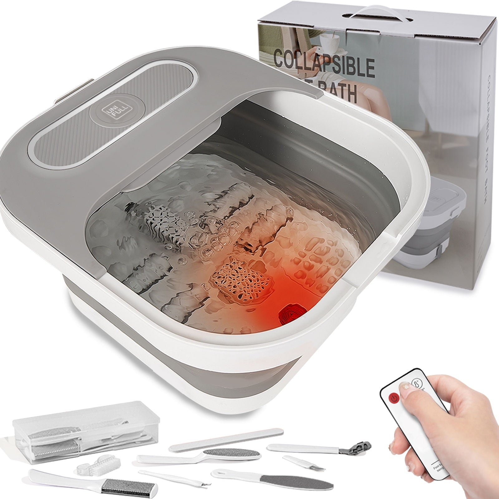 Bath with Heat and Temperature Control, Massager Roller, Bubble, Remote Control, Pedicure Kit, Red Light, Heating Bath