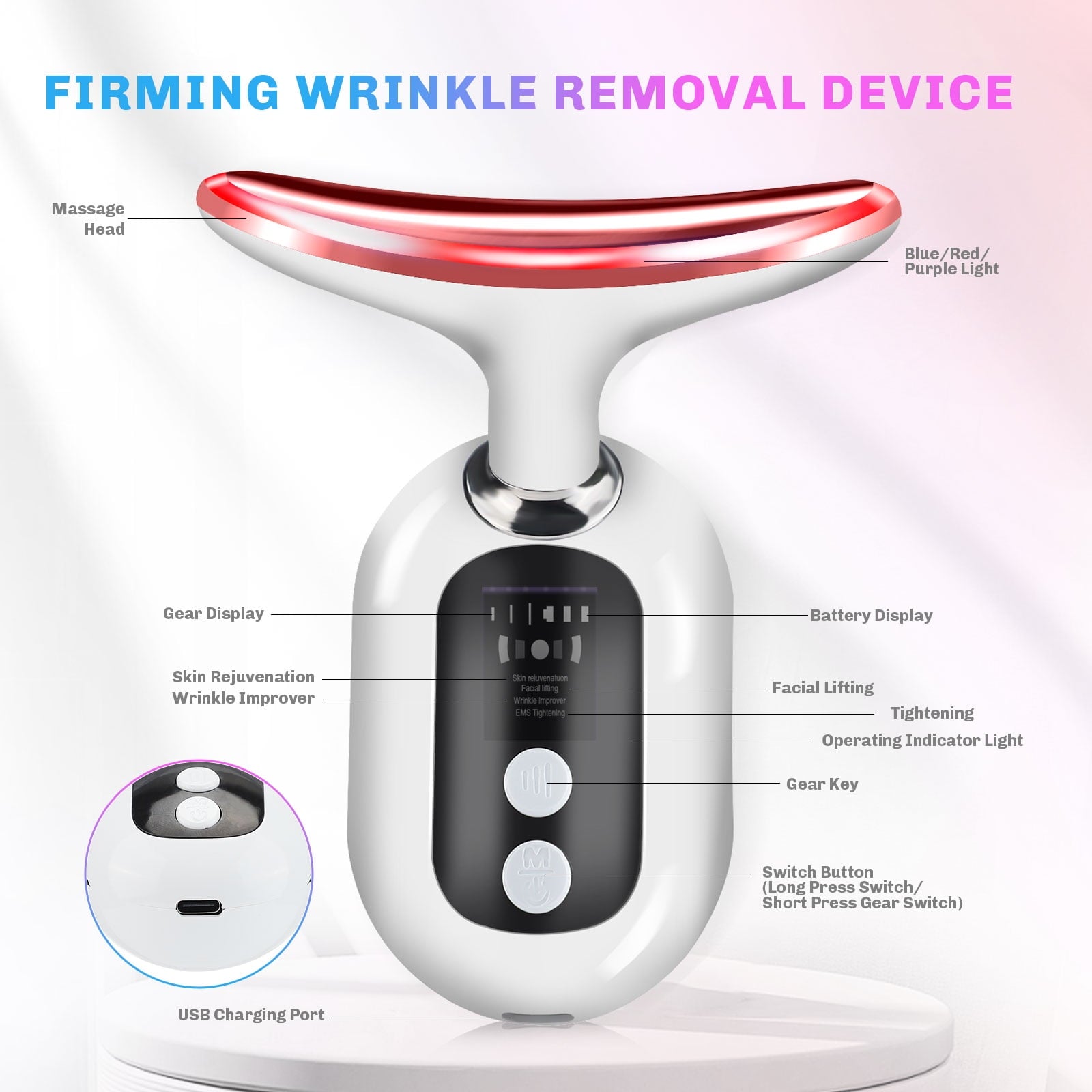 for Skin Care, Massager with 3 Color Modes Heat & Vibration Electric Lifting Device for Wrinkle Removal White - Image 3