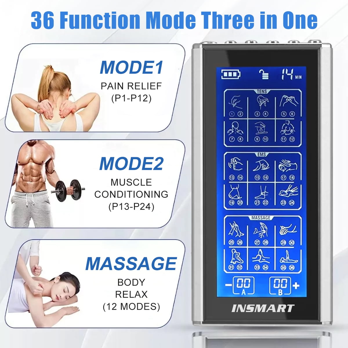 3-in-1 Unit Rechargeable Muscle Stimulator Dual Channel with 10 Reusable Electrode Pads 36 Modes for Back Neck Pain M... - Image 2