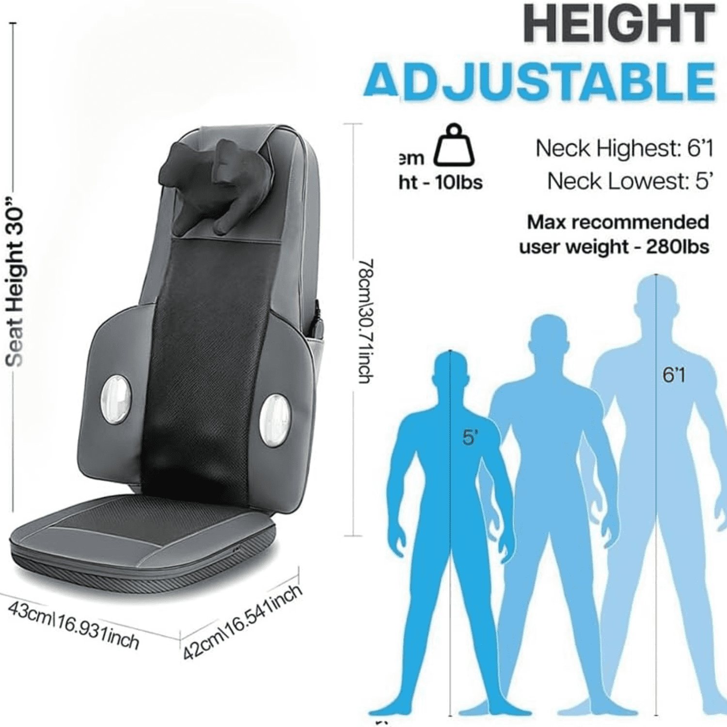 Pad Seat Massager w Adjustable Neck & Back/ Heat for Home Office, Gray - Image 3