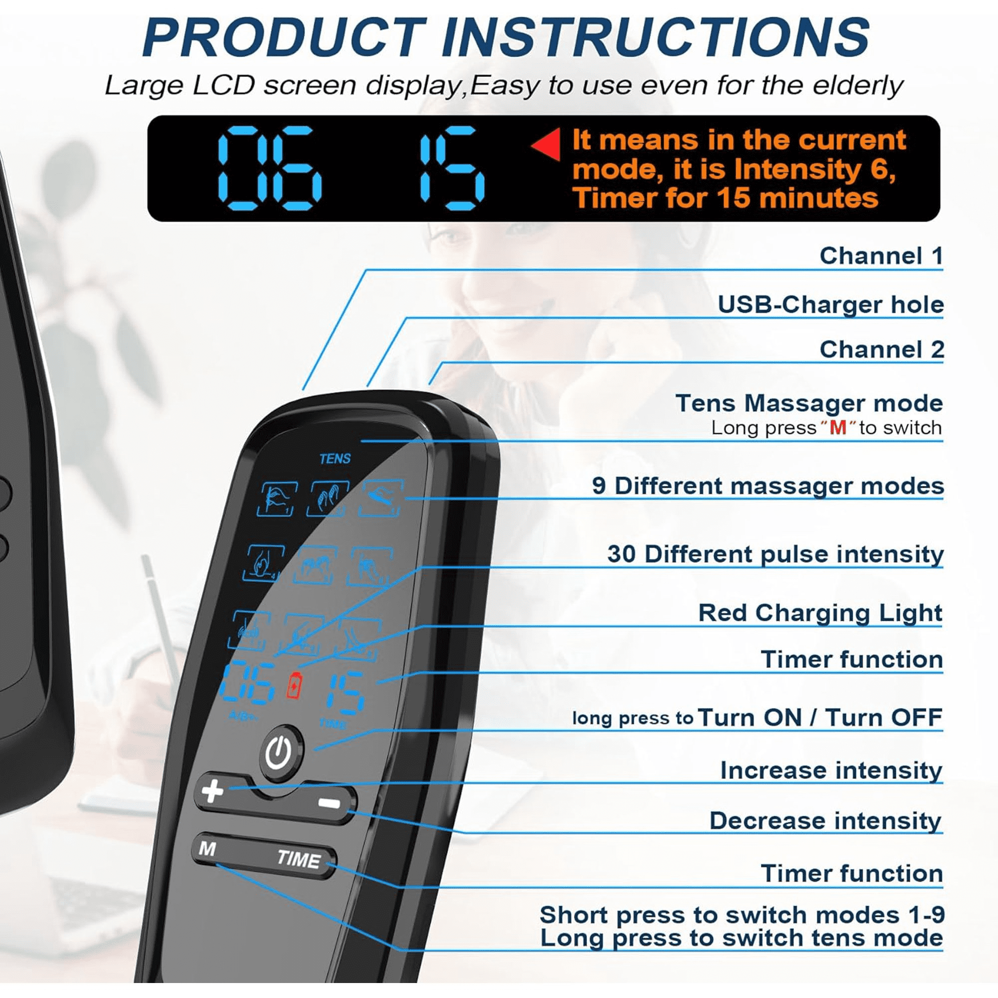 Rechargeable Muscle Stimulator Dual Channel with 8 Reusable Electrode Pads 27 Modes for Back Neck Muscle Relief Manag... - Image 3