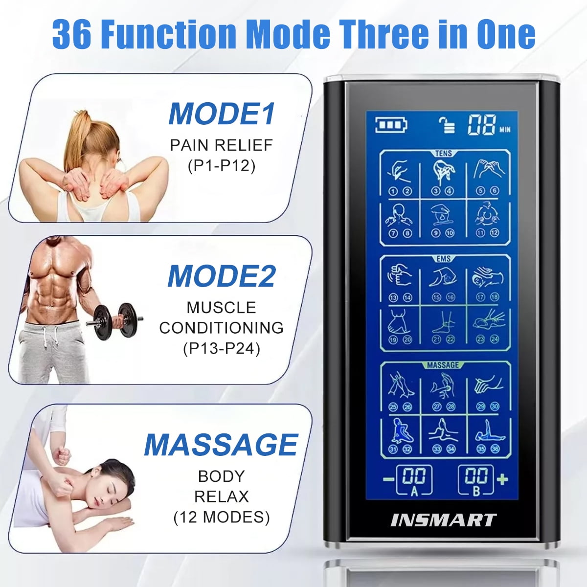 3-in-1 Unit Rechargeable Muscle Stimulator Dual Channel with 10 Reusable Electrode Pads 36 Modes for Back Neck Pain M... - Image 4