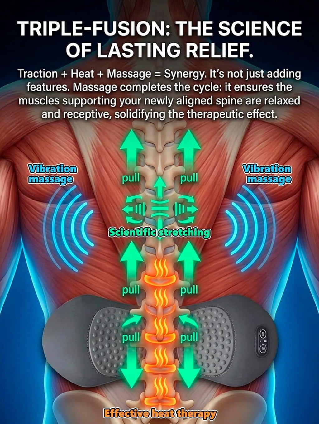 3 in 1 Back Massager for Neck Shoulder and Back, Triple Therapy Lumbar Traction Massager Pillow with Electric Lift, H... - Image 5