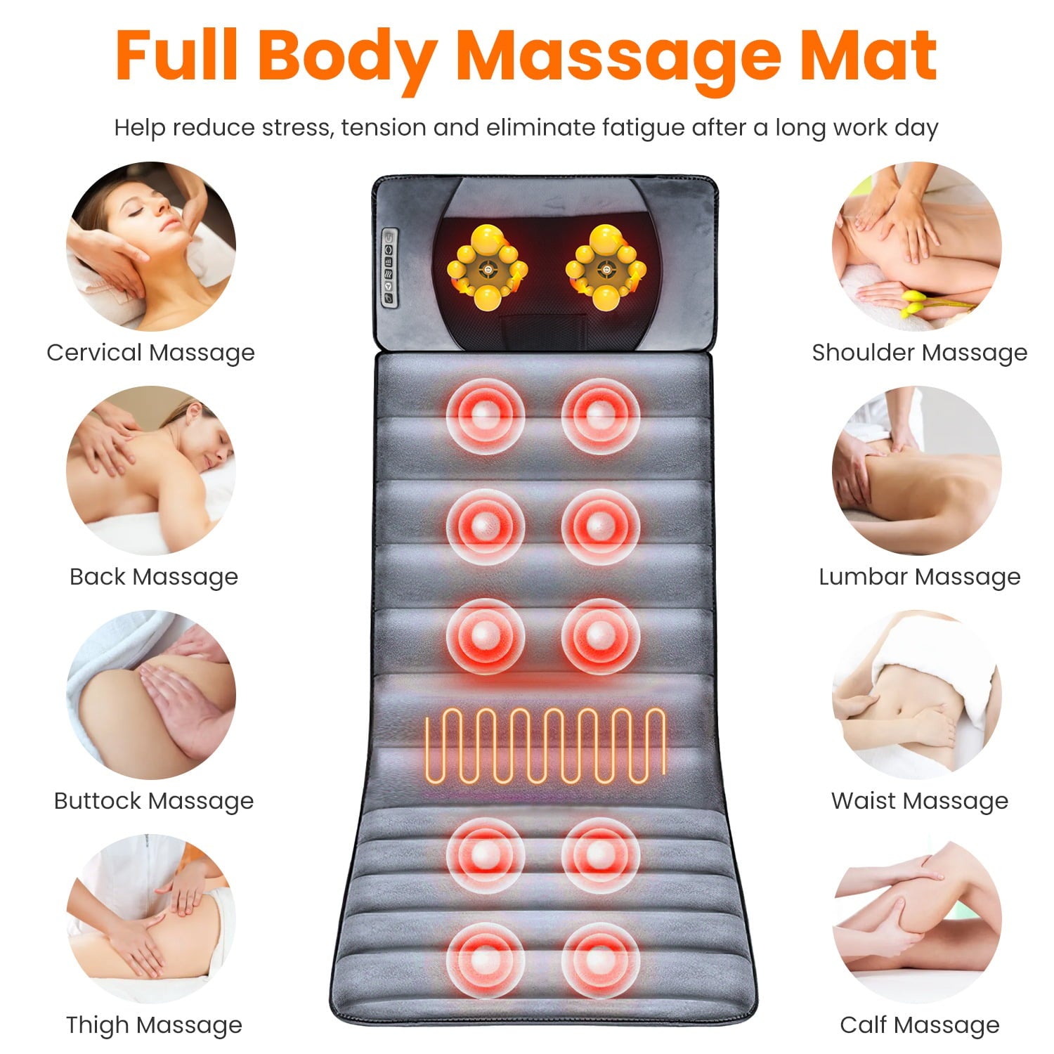 Electric Full Body Massage Mat with Heat, 10 Vibration Motors, 9 Modes & Intensity Levels, Detachable Neck Massage Pi... - Image 4