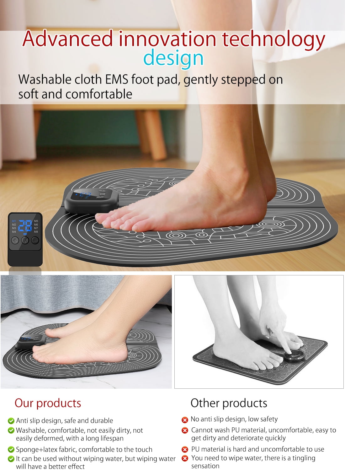 Electric Foot Massager Mat Pad Remote Control USB LED Portable Rechargeable for Men Women 8 Modes 30 Intensity Levels - Image 4